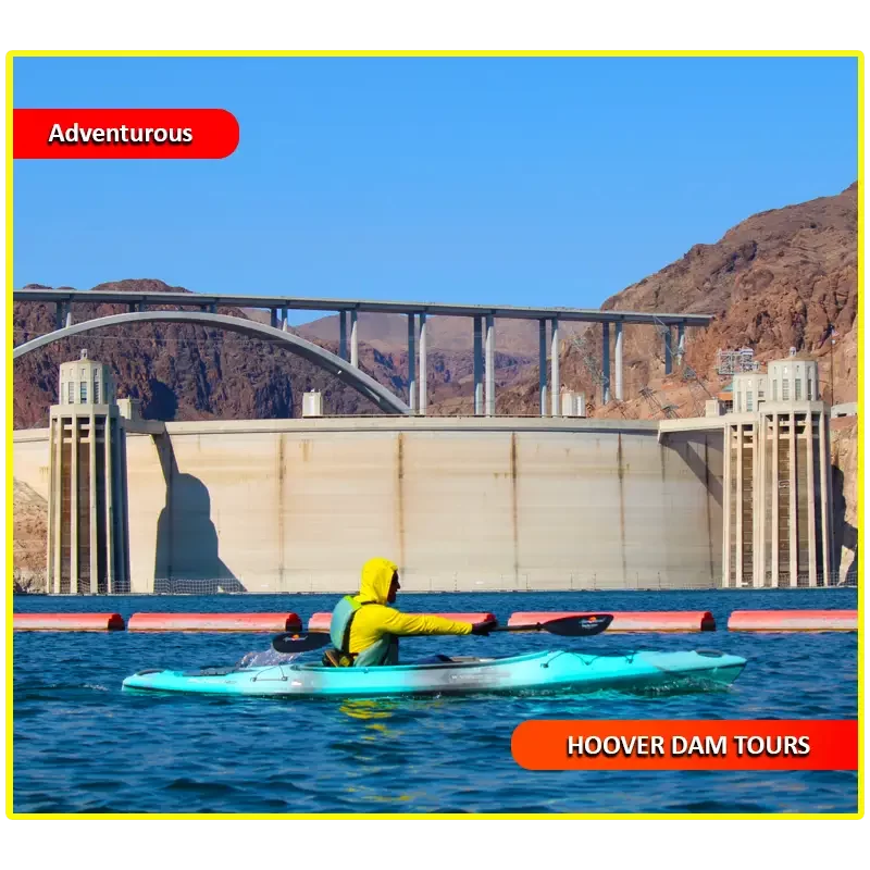 Solo kayaker paddling near the iconic Hoover Dam on the Colorado River during a guided kayaking tour, surrounded by stunning desert cliffs and crystal-blue waters in the Black Canyon.